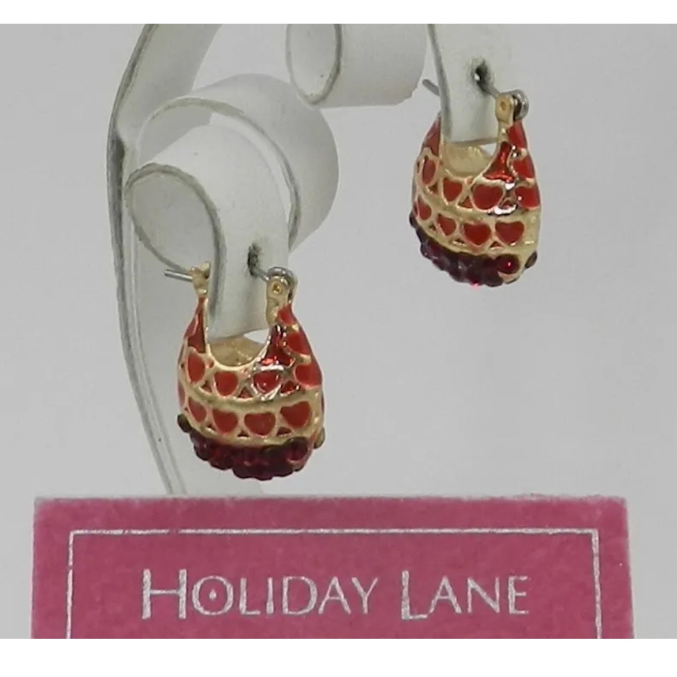 Nwt Holiday Lane / Macys Earrings, Gold Tone Hoops W/ Red Hearts & Rhinestones